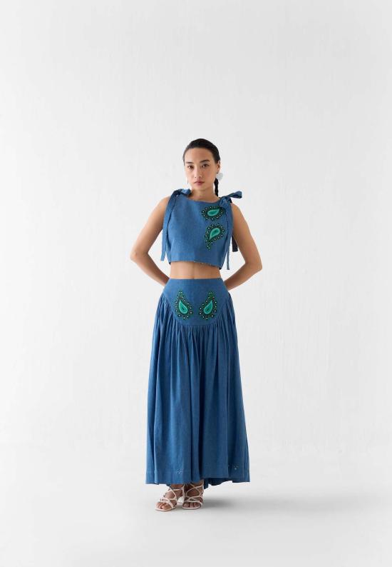  이키비 민소매 티셔츠 인디고 크롭탑 & 스커트 세트 블루