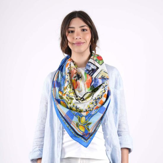  비스마야 머플러/스카프 카프리 엽서 모양 정사각형 스카프 (블루) - VISMAYA