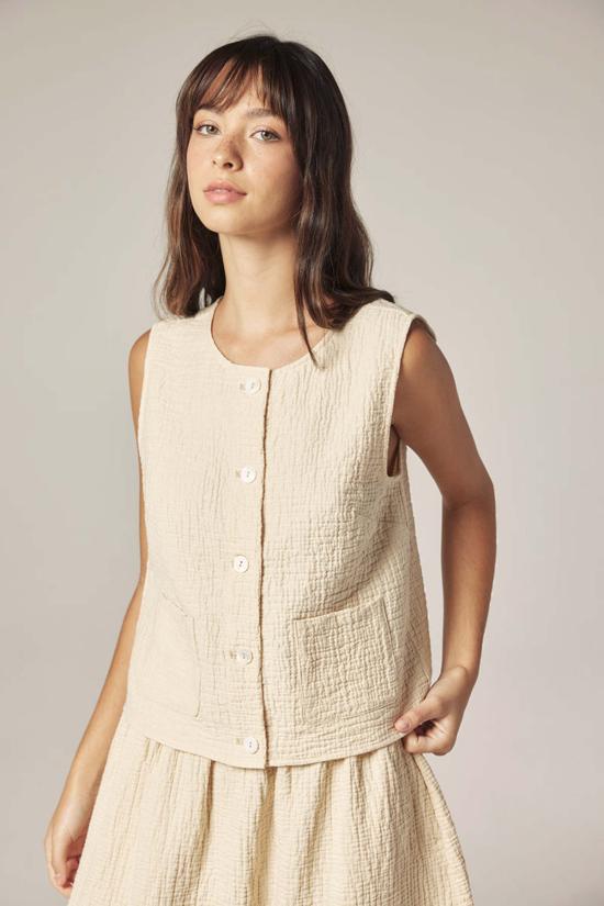  아멘테 블라우스 버튼다운 자카드 탑 크림 - AMENTE