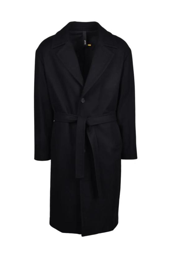  헤보 자켓 셀프 타이 벨트가 있는 미디 길이의 블랙 코트