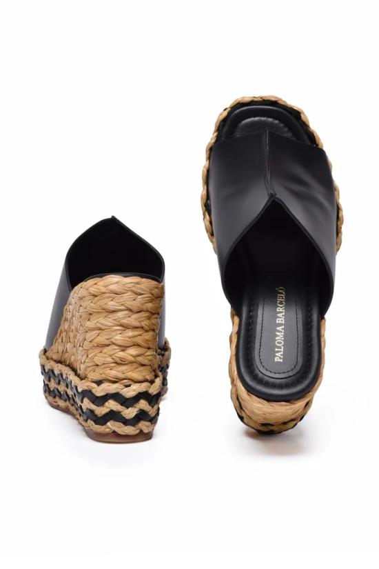 25SS 팔로마바르셀로 뮬/슬리퍼 라피아 웨지 뮬 - 블랙 - PALOMA BARCELO