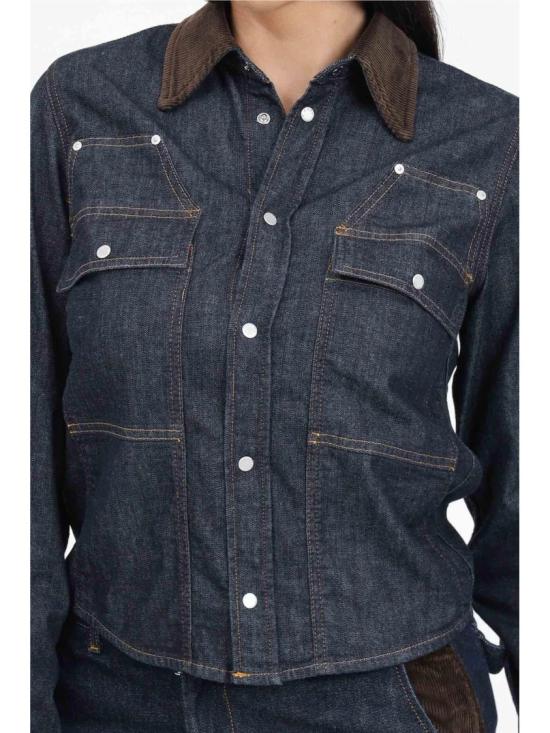  핑코 데님 셔츠 신축성 있는 면 라이오셀 셔츠 - 블루/브라운 - PINKO