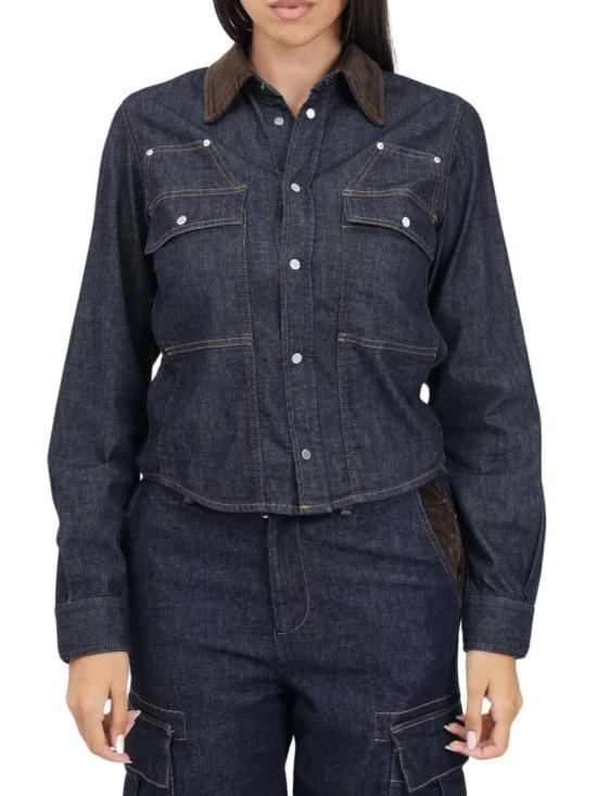  핑코 데님 셔츠 신축성 있는 면 라이오셀 셔츠 - 블루/브라운