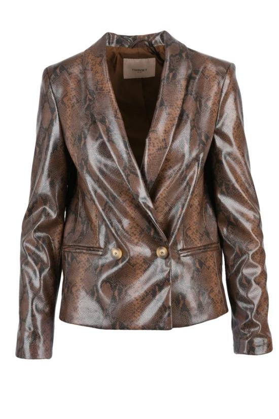  트윈셋 자켓 인조 가죽 재킷 - 브라운/블랙