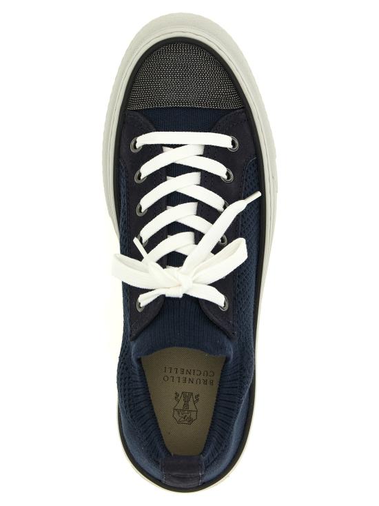 26SS 브루넬로 쿠치넬리 프레셔스 토 코튼 니트 & 스웨이드 스니커즈 MZ35G2650C4224 Blue - BRUNELLO CUCINELLI