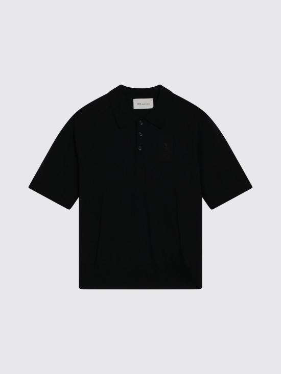 26SS 아미 스몰 하트 로고 메리노 니트 울 숏슬리브 폴로 HPL438KN0039 0180 Black - AMI