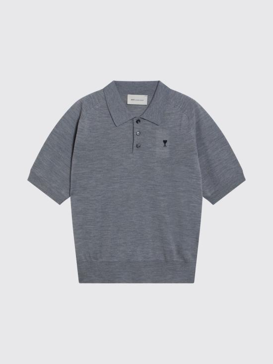 26SS 아미 스몰 하트 로고 메리노 니트 울 숏슬리브 폴로 HPL438KN0039 0504 Grey - AMI