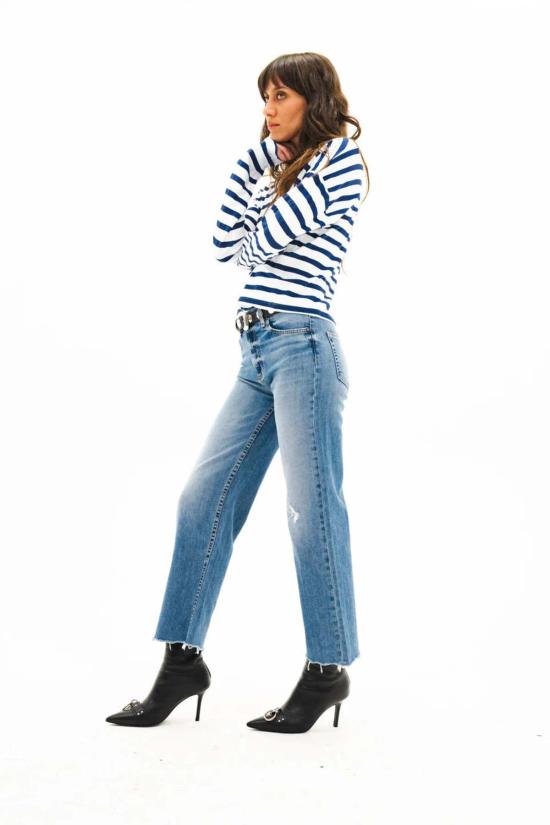  ASKK 뉴욕 긴팔 티셔츠 Askk NY 크롭 긴팔 상의 네이비 얇은 스트라이프 - ASKK NY