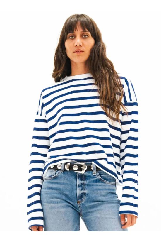  ASKK 뉴욕 긴팔 티셔츠 Askk NY 크롭 긴팔 상의 네이비 얇은 스트라이프