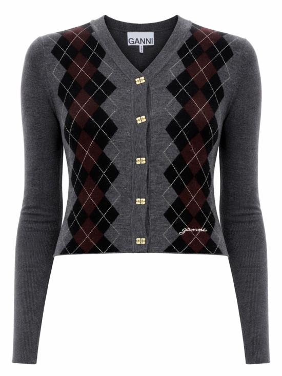 26SS 가니 파인 메리노 아가일 가디건 K2284 523 GREY