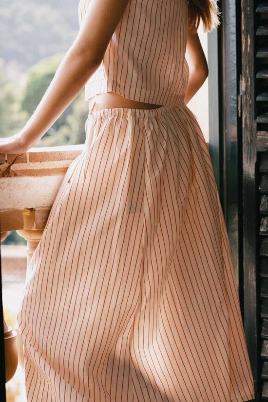  타이니 빅 시스터 롱 스커트 얇은 줄무늬 리본 스커트 오프 화이트 스트라이프 - TINY BIG SISTER