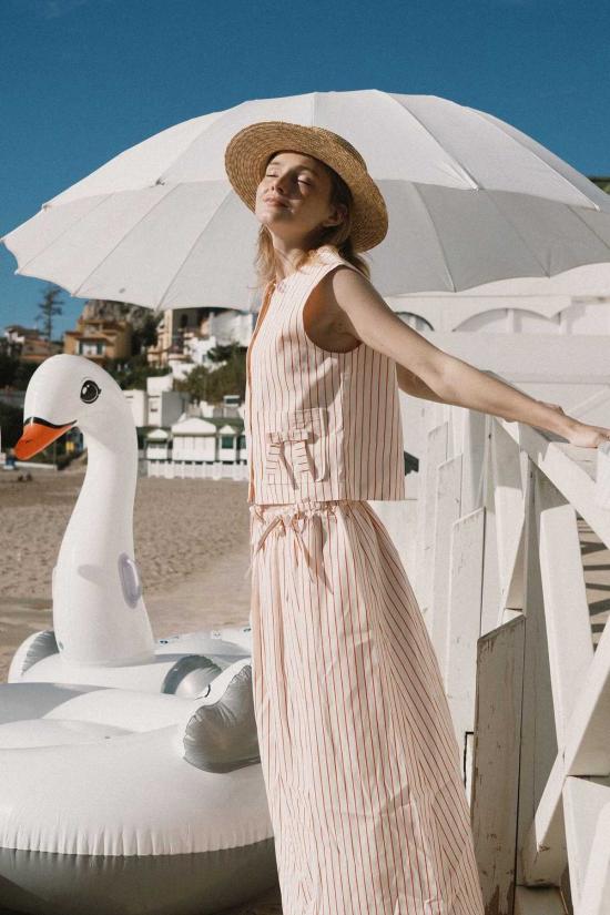  타이니 빅 시스터 롱 스커트 얇은 줄무늬 리본 스커트 오프 화이트 스트라이프 - TINY BIG SISTER