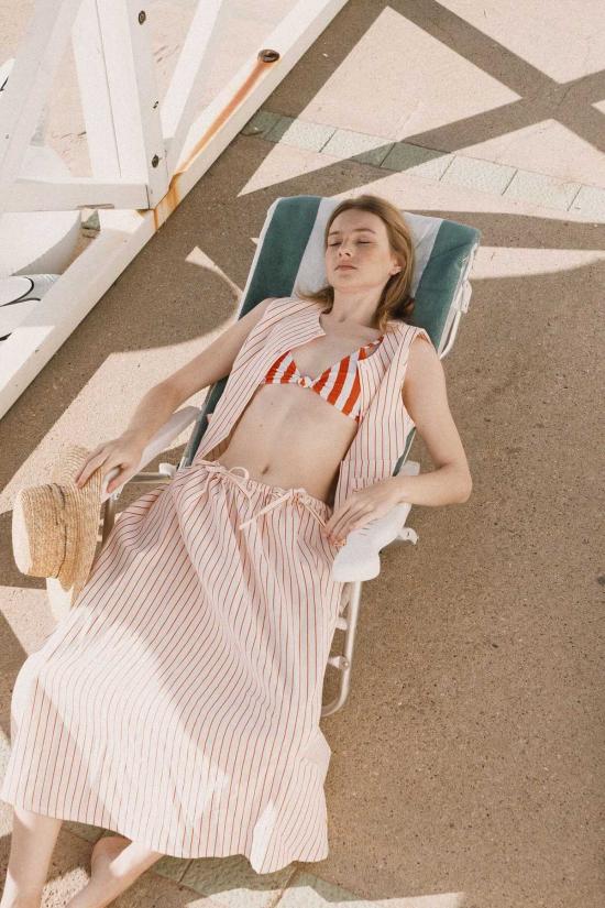  타이니 빅 시스터 롱 스커트 얇은 줄무늬 리본 스커트 오프 화이트 스트라이프 - TINY BIG SISTER