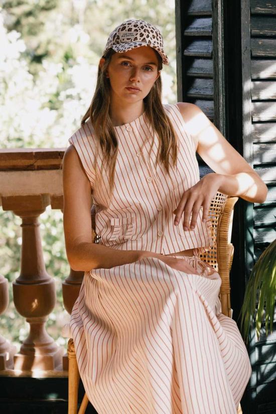  타이니 빅 시스터 롱 스커트 얇은 줄무늬 리본 스커트 오프 화이트 스트라이프 - TINY BIG SISTER