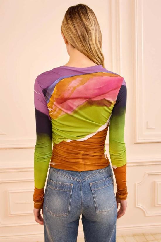  울라 존슨 긴팔 티셔츠 Ulla Johnson Paradis 셔링 저지 탑 멀티컬러 - ULLA JOHNSON