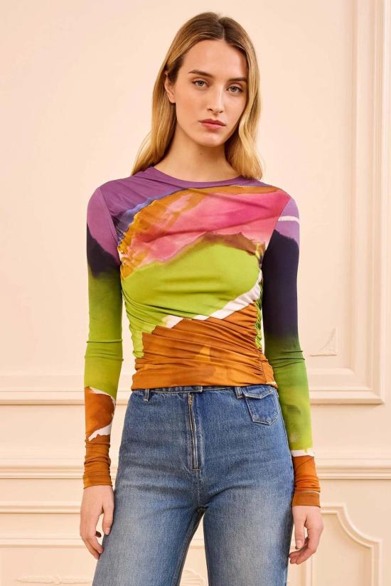  울라 존슨 긴팔 티셔츠 Ulla Johnson Paradis 셔링 저지 탑 멀티컬러