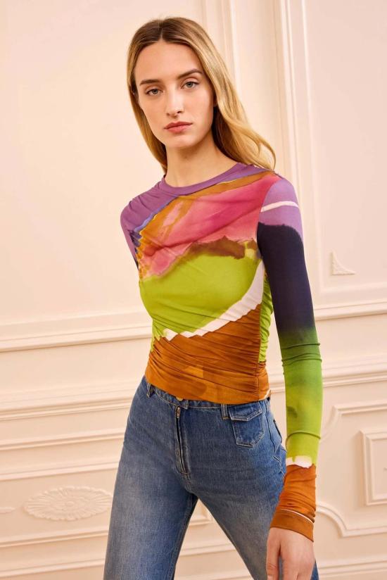  울라 존슨 긴팔 티셔츠 Ulla Johnson Paradis 셔링 저지 탑 멀티컬러 - ULLA JOHNSON