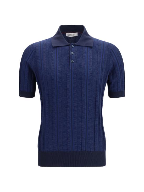 26SS 브루넬로 쿠치넬리 자카드 니트 폴로 셔츠 M29806305 CFP55 BLUE