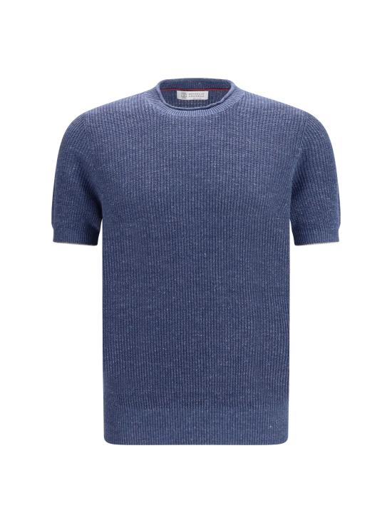 26SS 브루넬로 쿠치넬리 하프 잉글리시 립 리넨 코튼 니트 티셔츠 M2L707710 CYZ37 BLUE