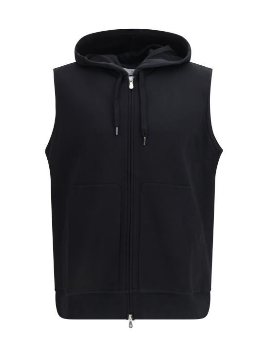 26SS 브루넬로 쿠치넬리 민소매 테크노 코튼 플리스 후드 집업 MW8639079G C101 BLACK