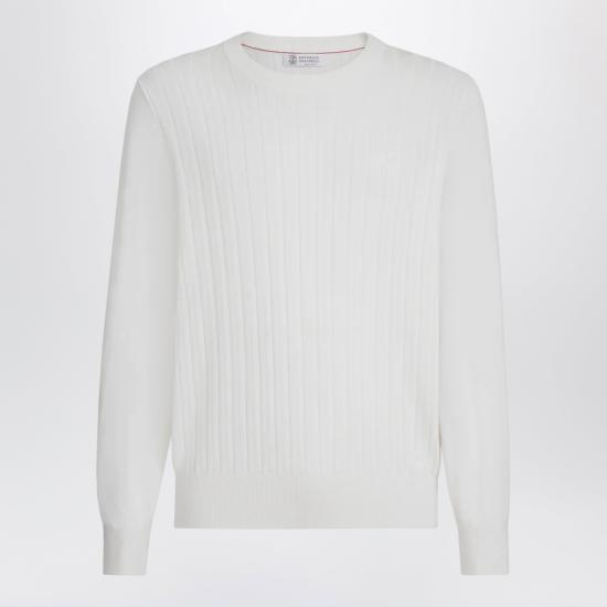 26SS 브루넬로 쿠치넬리 코튼 텍스처드 립 니트 스웨터 M29204000CO White