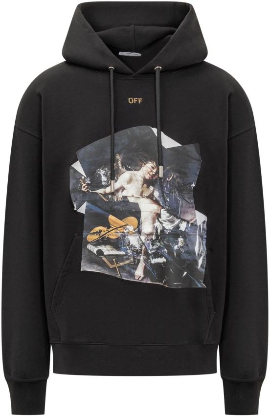 25FW 오프화이트 카라바조 프린트 후드 티셔츠셔츠 OMBB085F25FLE00W1016 BLACK