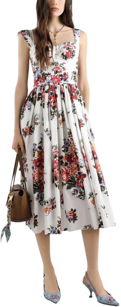 26SS 돌체앤가바나 플라워 부케 프린트 코튼 드레스 F6TTGTHS5UUHA5ZO WHITE - DOLCE & GABBANA
