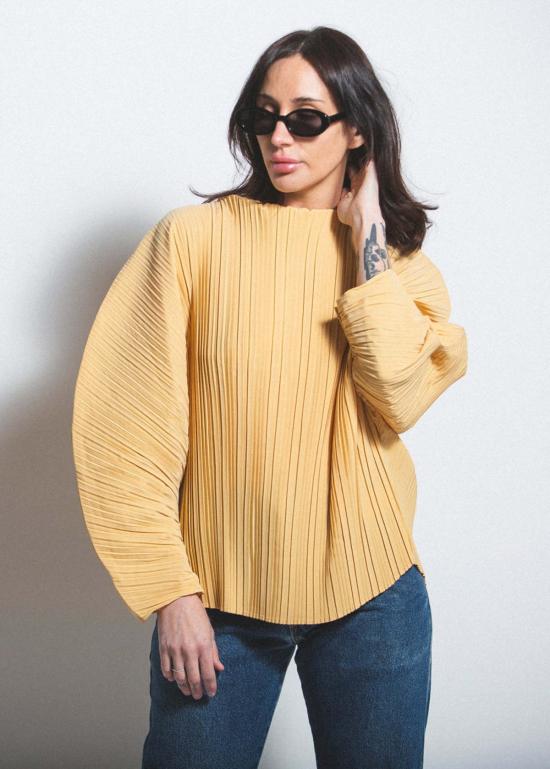  esthe 블라우스 에스테 스컬프티드 플리츠 하이넥 탑 옐로우 - OTHER BRANDS