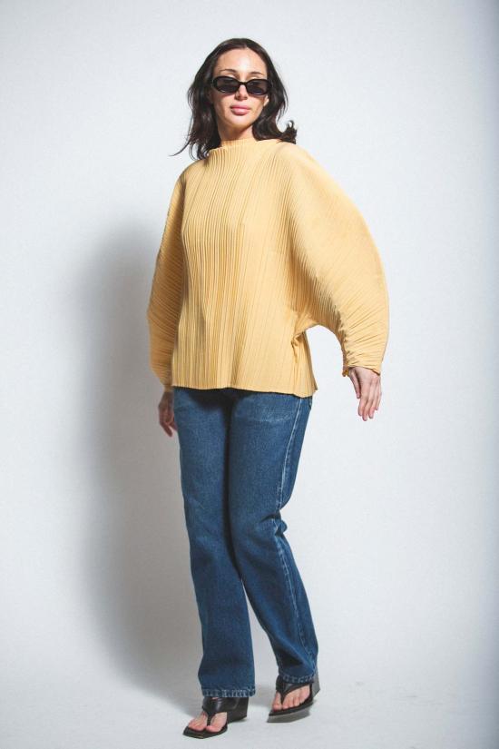  esthe 블라우스 에스테 스컬프티드 플리츠 하이넥 탑 옐로우 - OTHER BRANDS