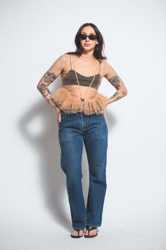  Esthé 블라우스 에스테 튤 페플럼 러플 탑