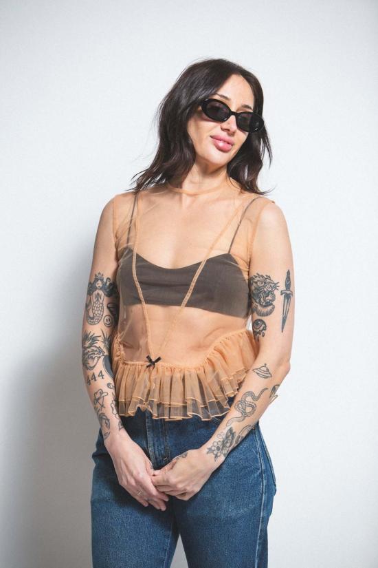  Esthé 블라우스 에스테 튤 페플럼 러플 탑 - OTHER BRANDS