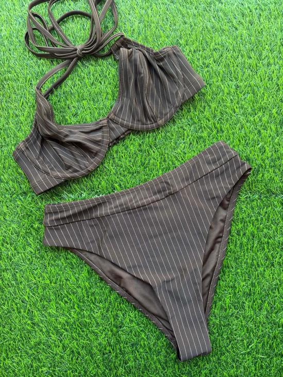  RAQ 비키니 수영복 Raq 하이 레그 비키니 브리프 하의 초콜릿 핀스트라이프 - OTHER BRANDS