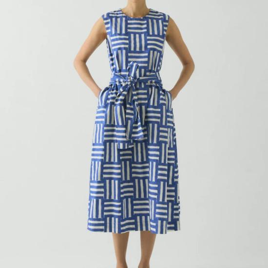  토스트 롱 스커트 블록 프린트 패치워크 스트라이프 드레스 딥 콘플라워 - TOAST