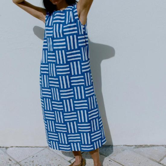  토스트 롱 스커트 블록 프린트 패치워크 스트라이프 드레스 딥 콘플라워