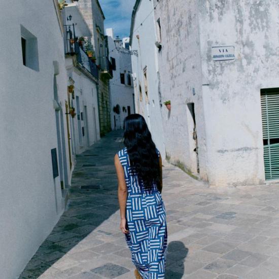  토스트 롱 스커트 블록 프린트 패치워크 스트라이프 드레스 딥 콘플라워 - TOAST