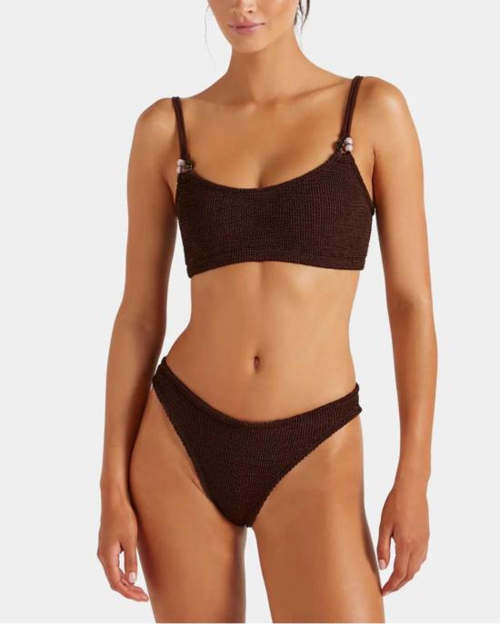  훈자 지 비키니 수영복 Hunza G Cassie 비즈 장식 비키니 메탈릭 초콜릿 - HUNZA G