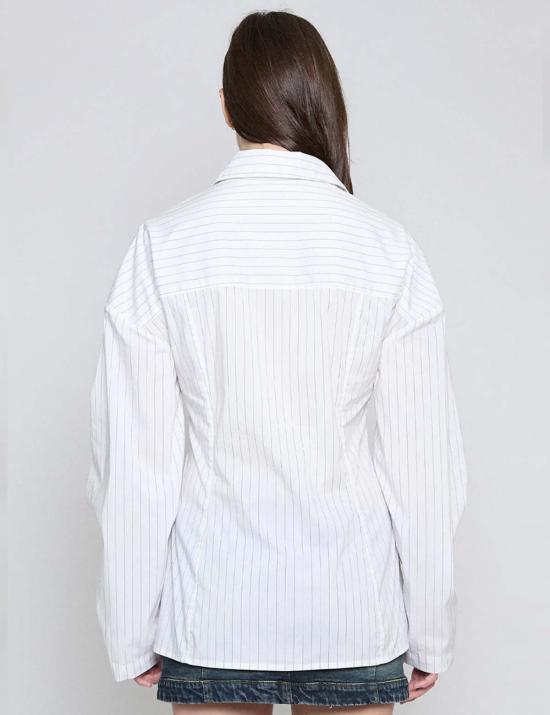  프리스카베라 셔츠 화이트 핀스트라이프 레이스업 버튼다운 셔츠 - PRISCAVERA