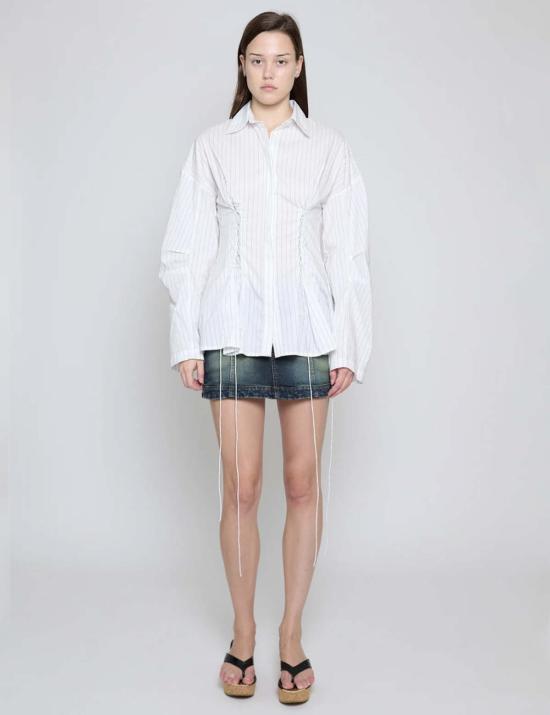  프리스카베라 셔츠 화이트 핀스트라이프 레이스업 버튼다운 셔츠 - PRISCAVERA