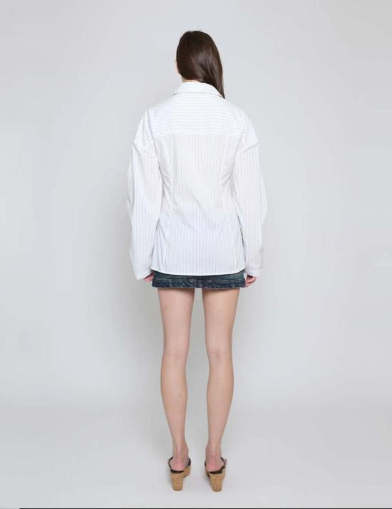  프리스카베라 셔츠 화이트 핀스트라이프 레이스업 버튼다운 셔츠 - PRISCAVERA
