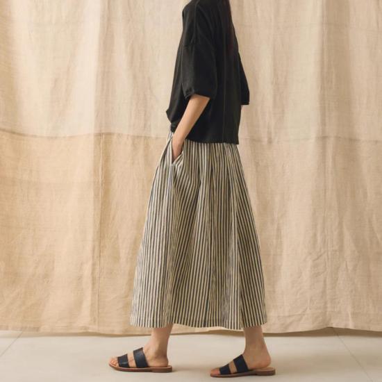  토스트 롱 스커트 플리츠 코튼 스트라이프  워크샵 블루 - TOAST