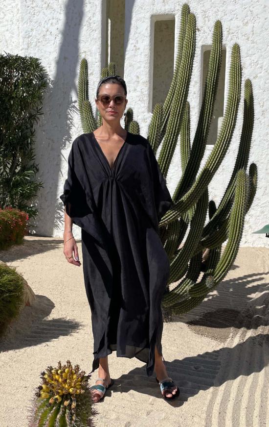  투 롱 원피스 블랙 실크 카프탄 피스 - TWO