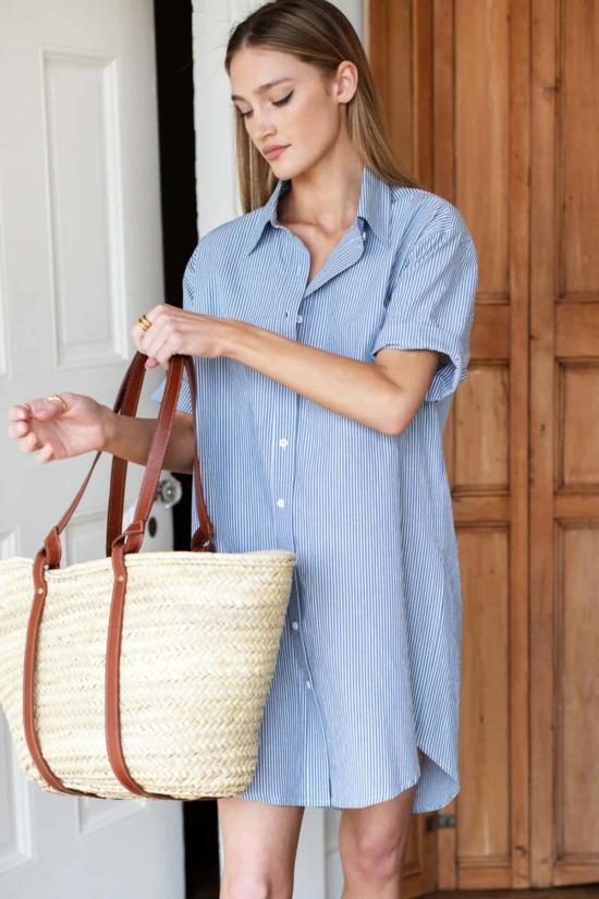  에머슨 프라이 숏 원피스 버튼다운 티셔츠 드레스 케이프 블루 스트라이프 - EMERSON FRY