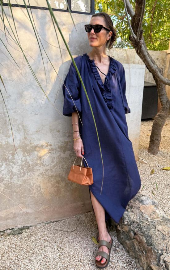  투 블라우스 가벼운 러플  네이비 핀스트라이프 2개 - TWO