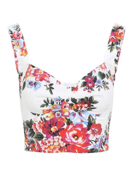 26SS 돌체앤가바나 플라워 부케 프린트 코튼 뷔스티에 탑 F7BB1THS5UUHA5ZO White