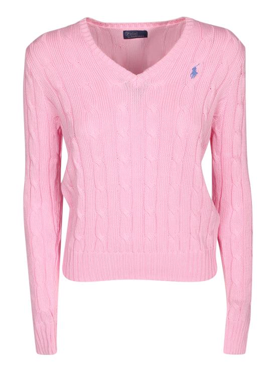 26SS 폴로 랄프로렌 포니로고 피마 코튼 케이블 니트 V넥 스웨터 211971870 006 Pink