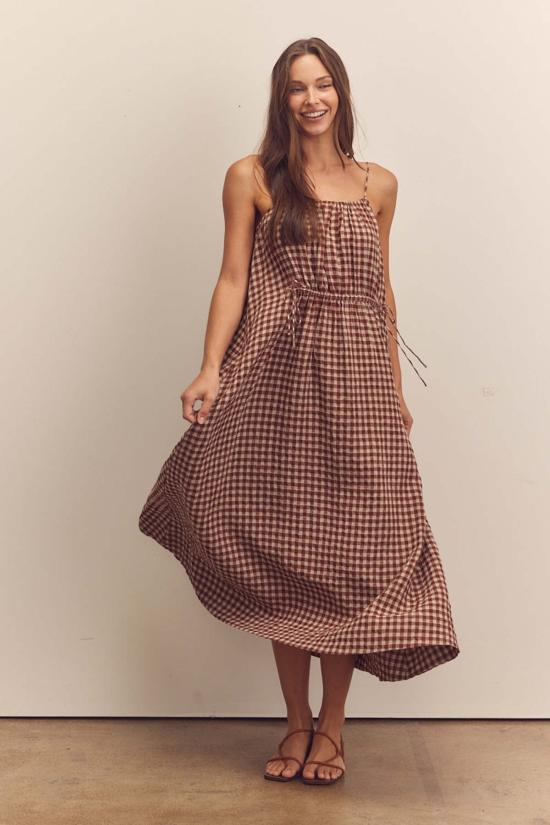  아멘테 롱 원피스 셔링 깅엄 드레스