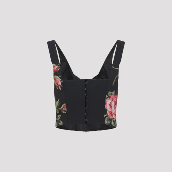 26SS 돌체앤가바나 로즈 부케 프린트 코튼 뷔스티에 탑 F7BB1THS5UT HN5ZN SICILIAN ROSE BLACK - DOLCE & GABBANA