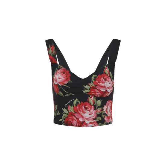 26SS 돌체앤가바나 로즈 부케 프린트 코튼 뷔스티에 탑 F7BB1THS5UT HN5ZN SICILIAN ROSE BLACK