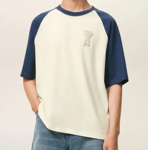 26SS 아미 코튼 아미 드 하트 니트 패치 티셔츠 UTS379726 A027 BLANCCREME ENCRE - AMI