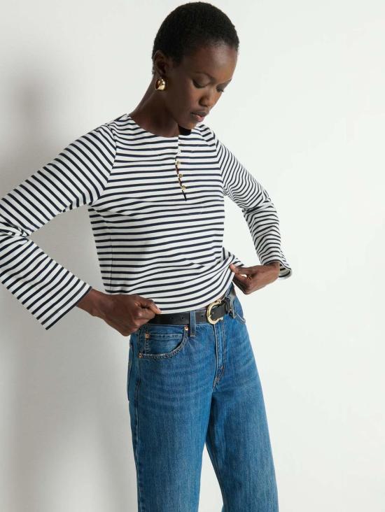 네이션 리미티드 긴팔 티셔츠 실비아 긴팔 상의 네이비 브레통 스트라이프 - NATION LTD